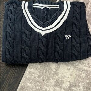 TNA Black Cable Knit V-Neck Sweater with White Trim